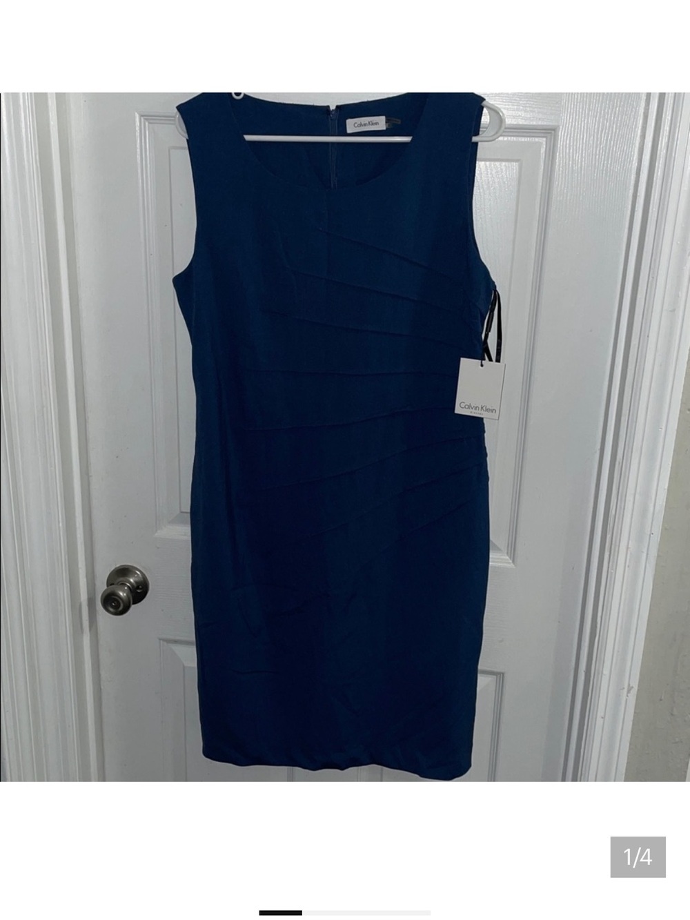 NWT Calvin Klein Navy Sleeveless Sheath Dress with Tiered Front